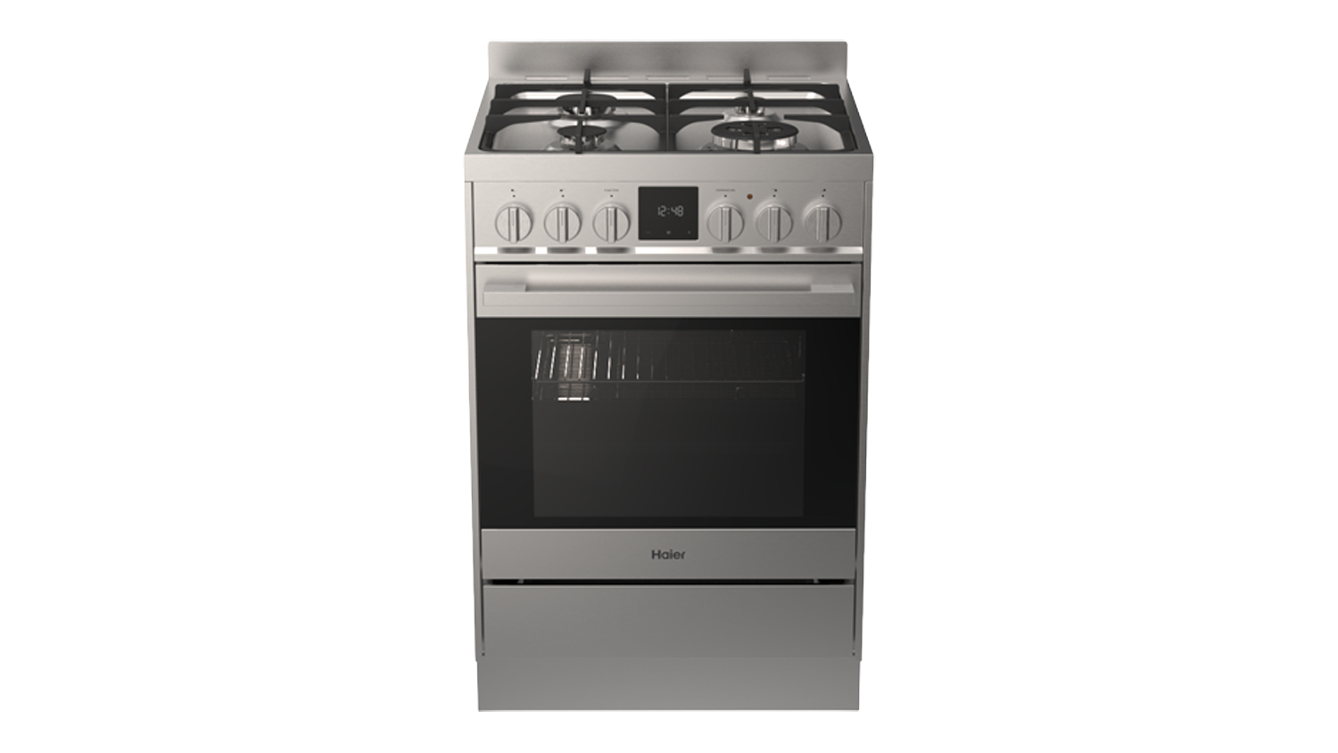 A Haier 500 Series 60cm Dual Fuel Freestanding Oven with 4 Burner Gas Cooktop