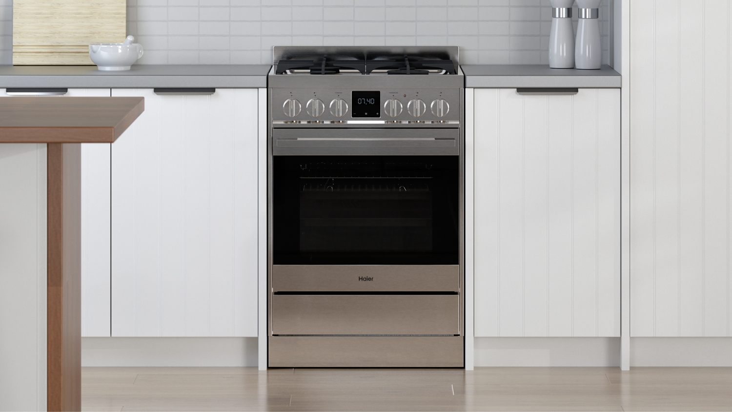 Haier 500 Series 60cm Dual Fuel Freestanding Oven with 4 Burner Gas Cooktop - Stainless Steel (HOR60S11MSX2)