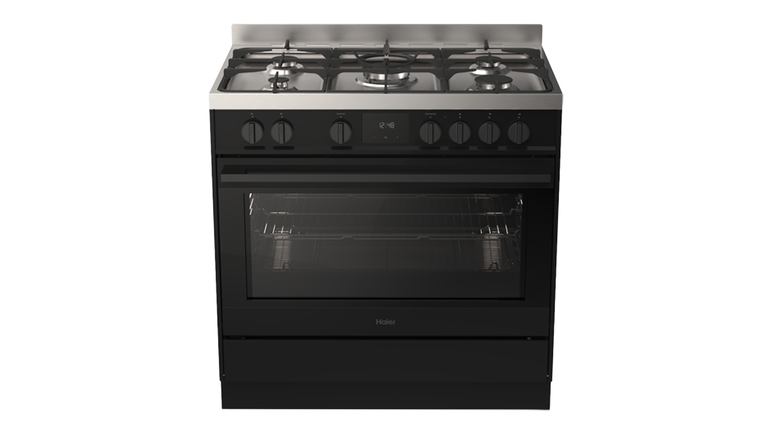 A Haier 500 Series 90cm Dual Fuel Freestanding Oven with 5 Burner Gas Cooktop