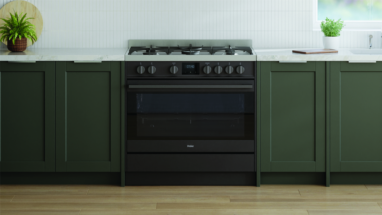 Haier 500 Series 90cm Dual Fuel Freestanding Oven with 5 Burner Gas Cooktop - Black (HOR90S11MBX2)
