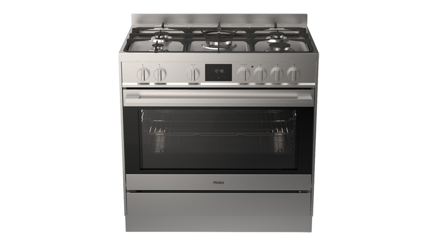 A Haier 500 Series 90cm Dual Fuel Freestanding Oven with 5 Burner Gas Cooktop