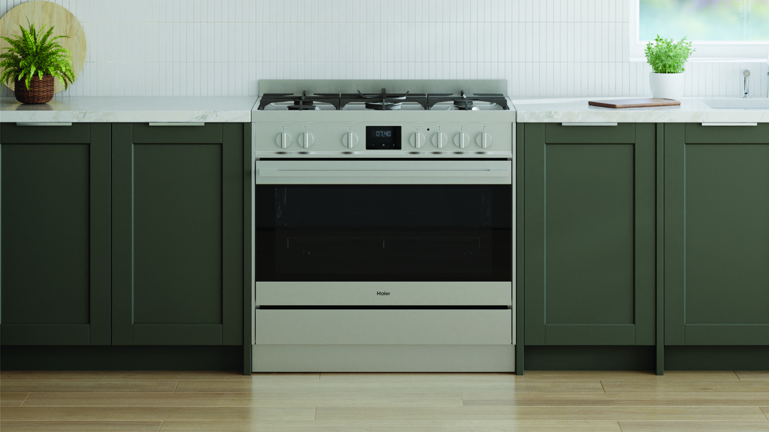 Haier 500 Series 90cm Dual Fuel Freestanding Oven with 5 Burner Gas Cooktop - Stainless Steel (HOR90S11MSX2)