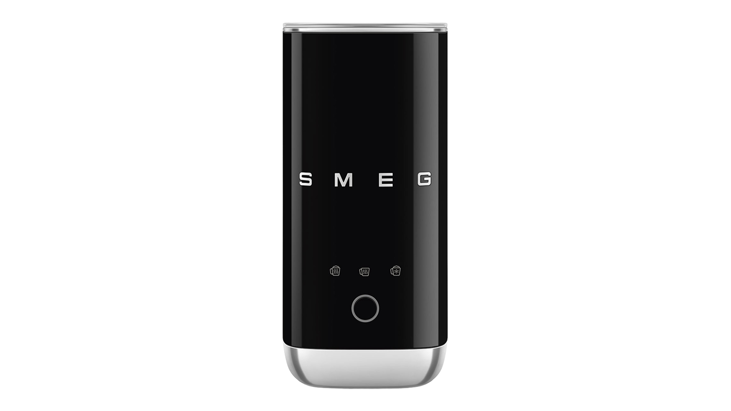 Front view of a glossy black Smeg mini milk frother with a slim cylindrical body and chrome base
