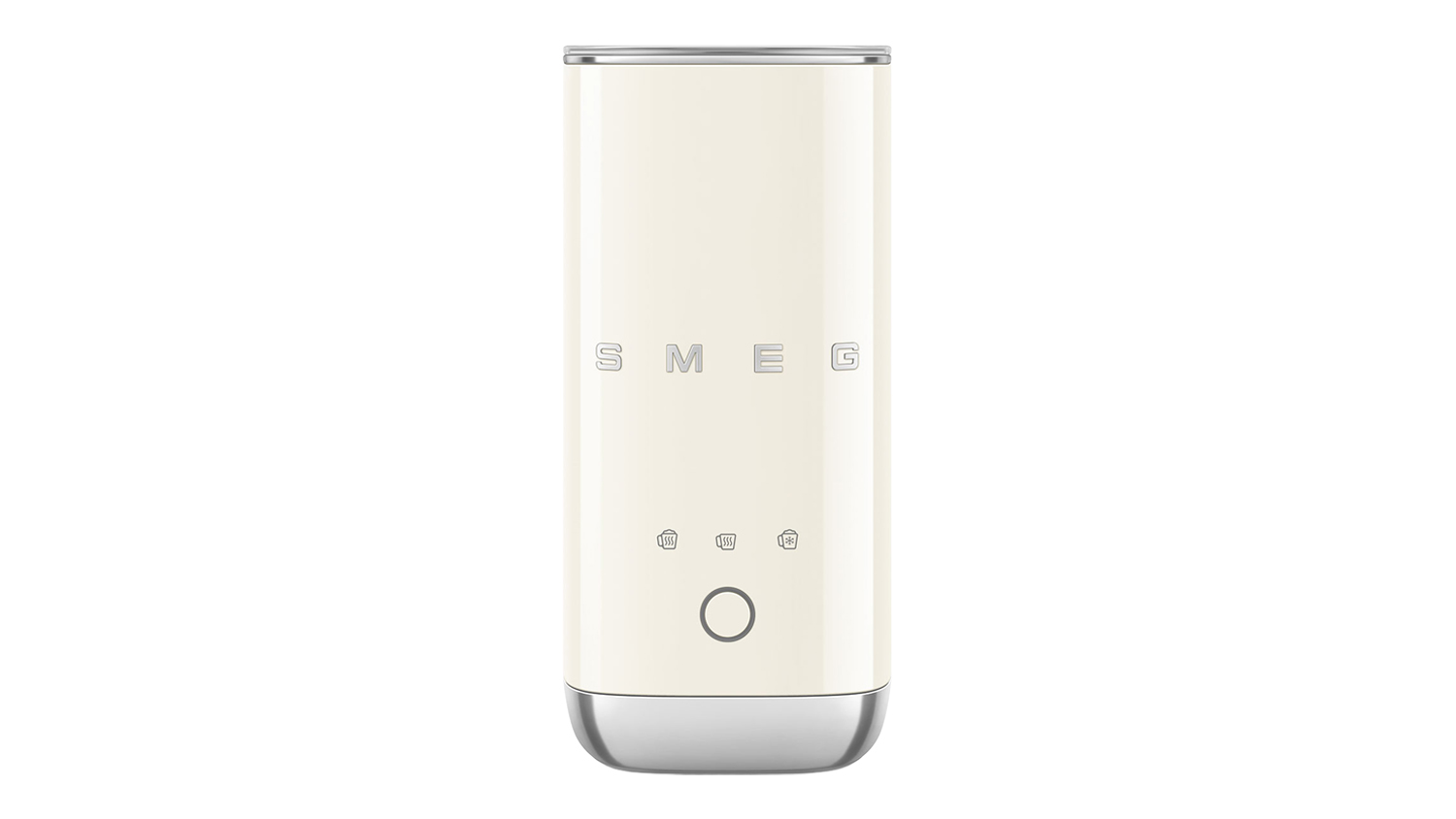 Front view of a glossy cream Smeg mini milk frother with a slim cylindrical body and chrome base