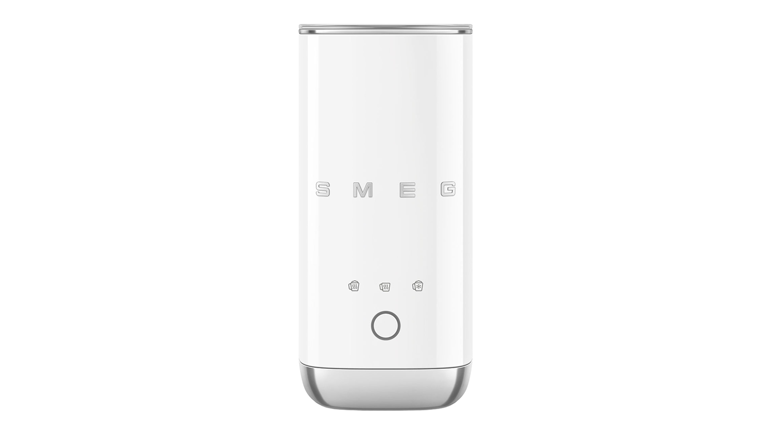 Front view of a glossy white Smeg mini milk frother with a slim cylindrical body and chrome base