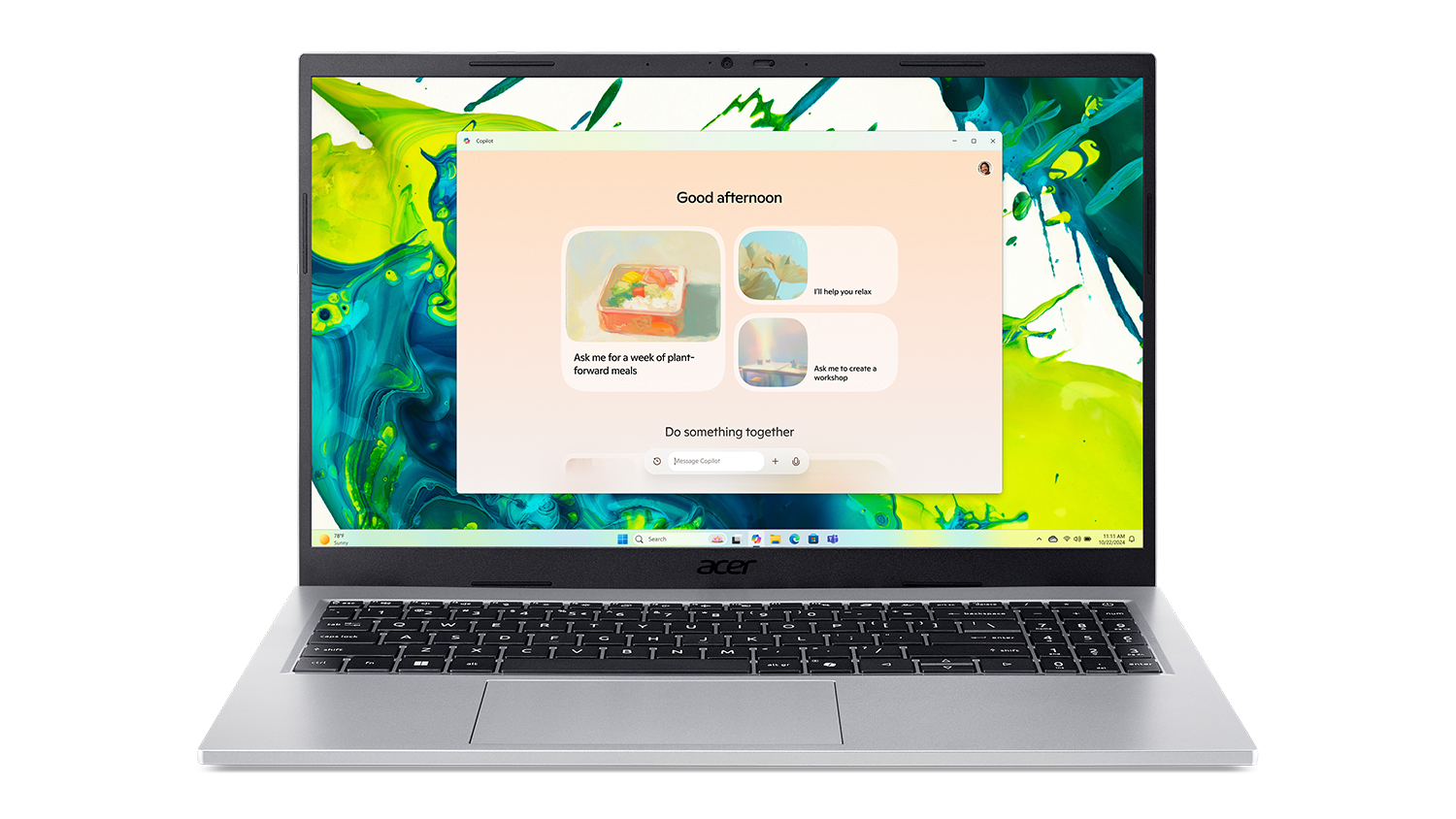 Front view of the Acer Aspire Go 15.6" laptop with the screen showing the Windows Copilot interface