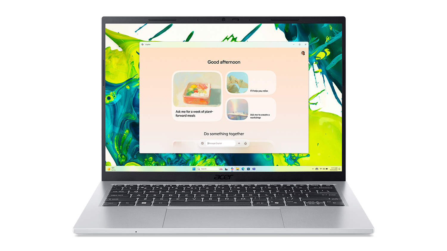Acer Aspire Go 14" laptop showing a Windows Copilot interface on its screen in a front-facing view
