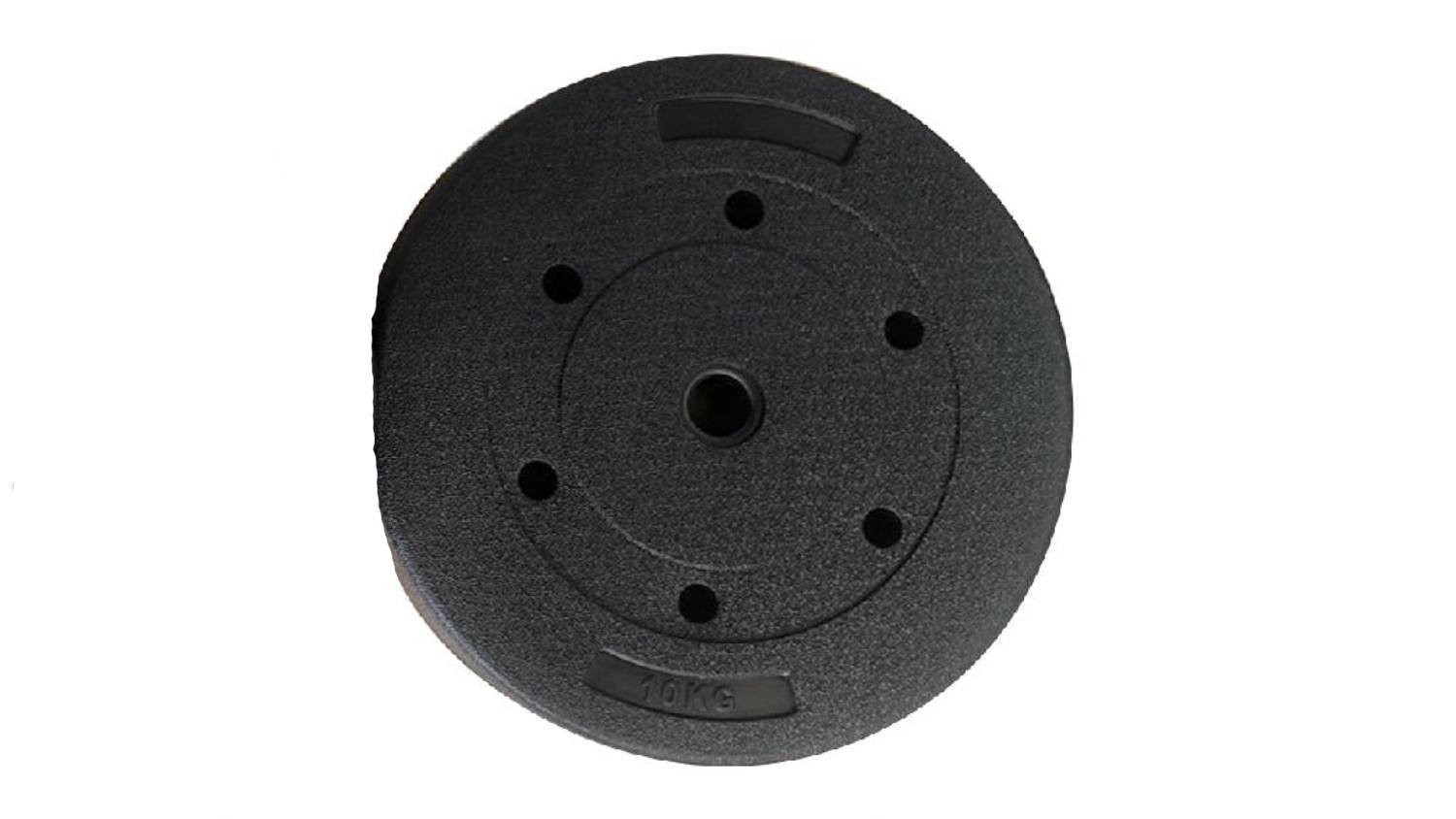 A direct, close-up view of a single black PROTRAIN Cement 10kg weight plate