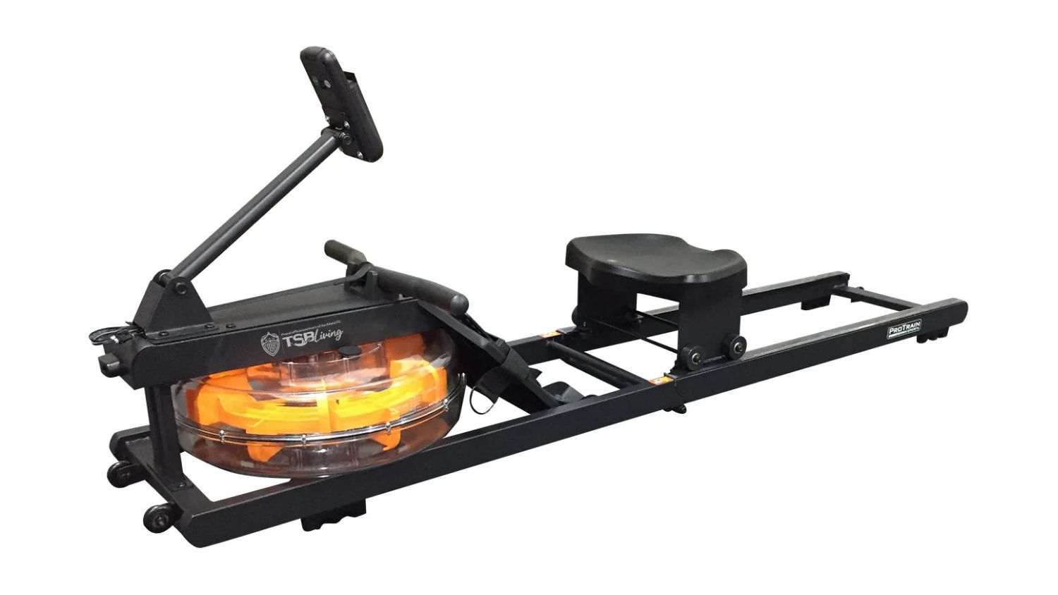 Black water rowing machine with resistance tank and padded seat
