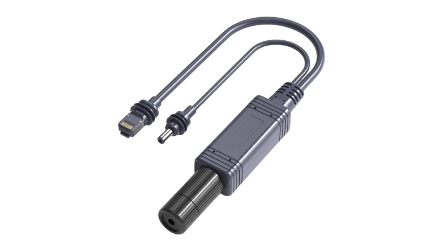 Compact Starbeam PoE splitter cable for Starlink Mini with RJ45 plug, barrel connector, and inline housing