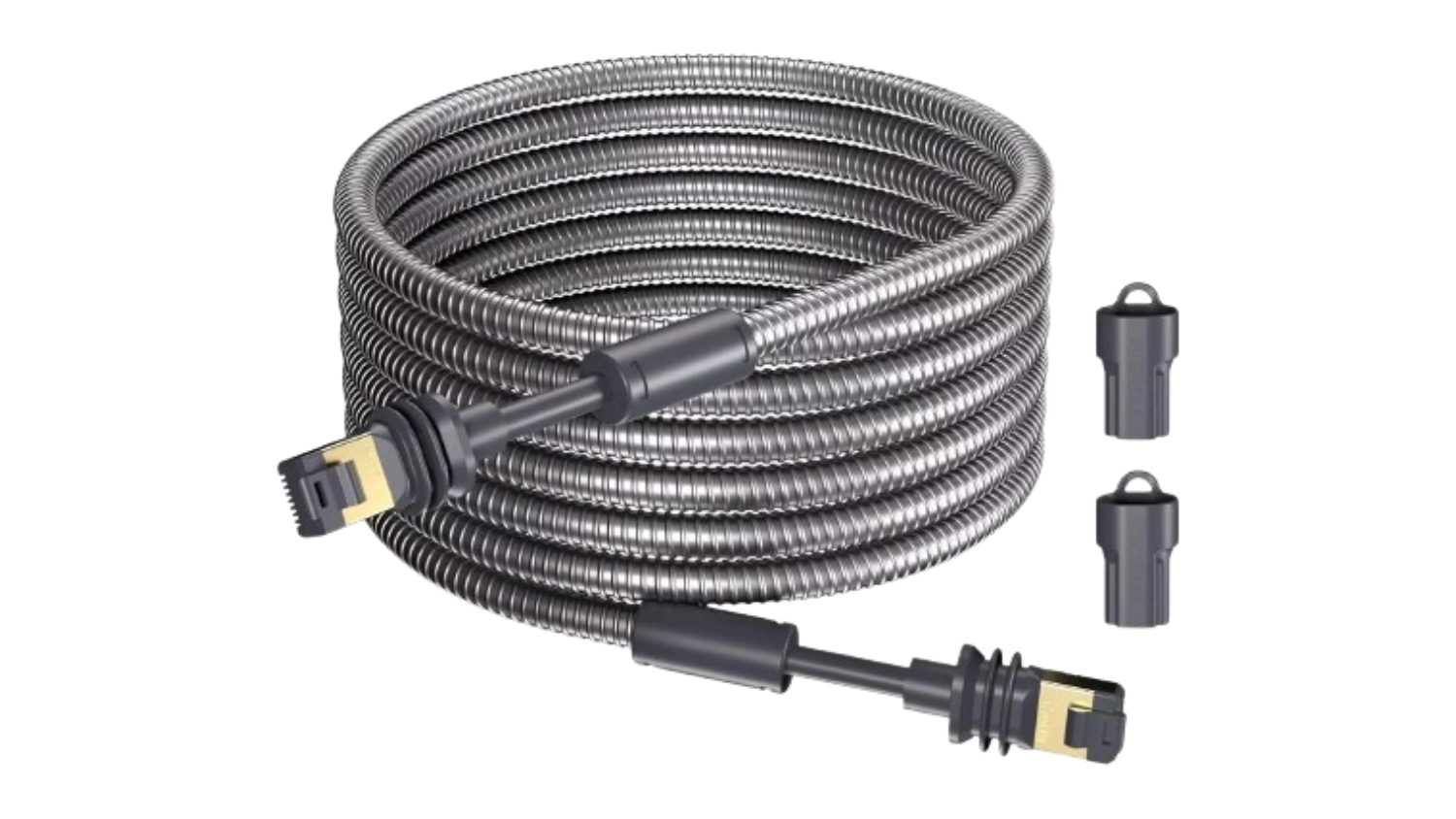 Coiled, metal‑shielded Starbeam armoured outdoor Ethernet cable with RJ45 connectors and protective caps, branded for Starlink use