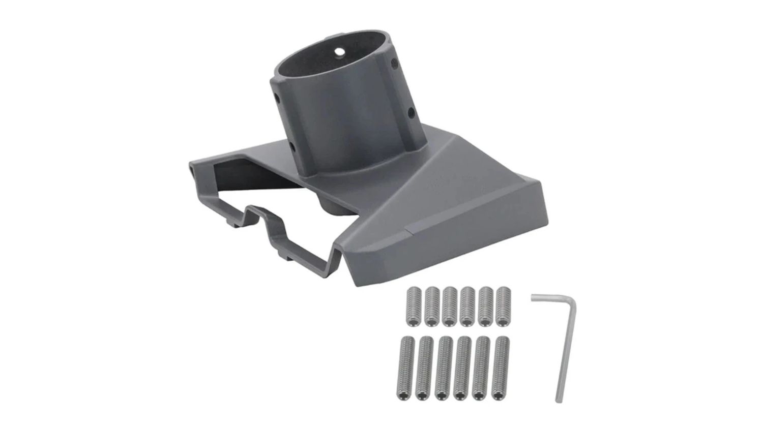 A grey metal roof mount bracket with cylindrical pole holder, screws and hex key included
