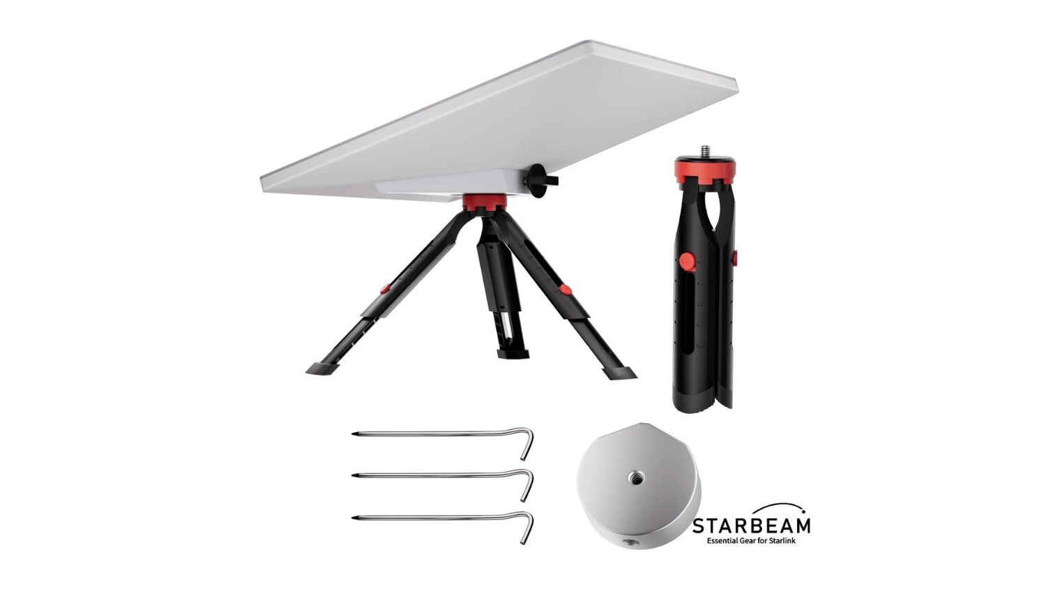 Complete set of the Starbeam Extending Tripod Mount for Starlink Mini with mounting kit, stakes, and tool