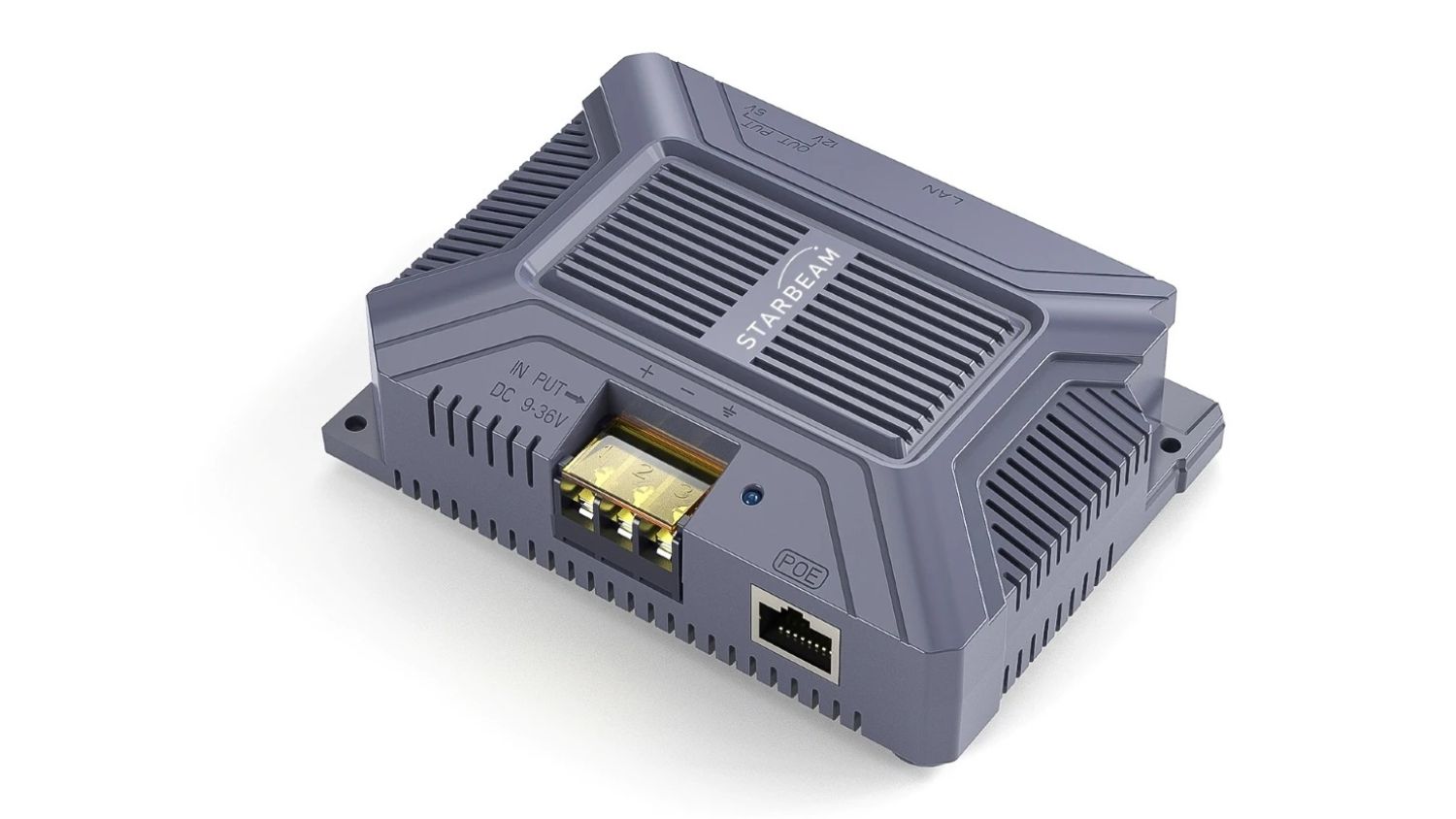 Angled view of the Starbeam DC-POE Power Converter Block with vented casing, DC 9–36V input, and PoE Ethernet port