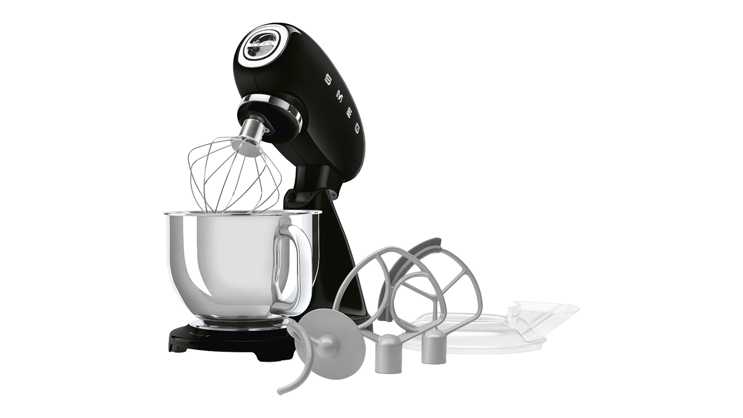 Glossy black Smeg 50’s Style stand mixer shown, revealing a wire whisk with included attachments