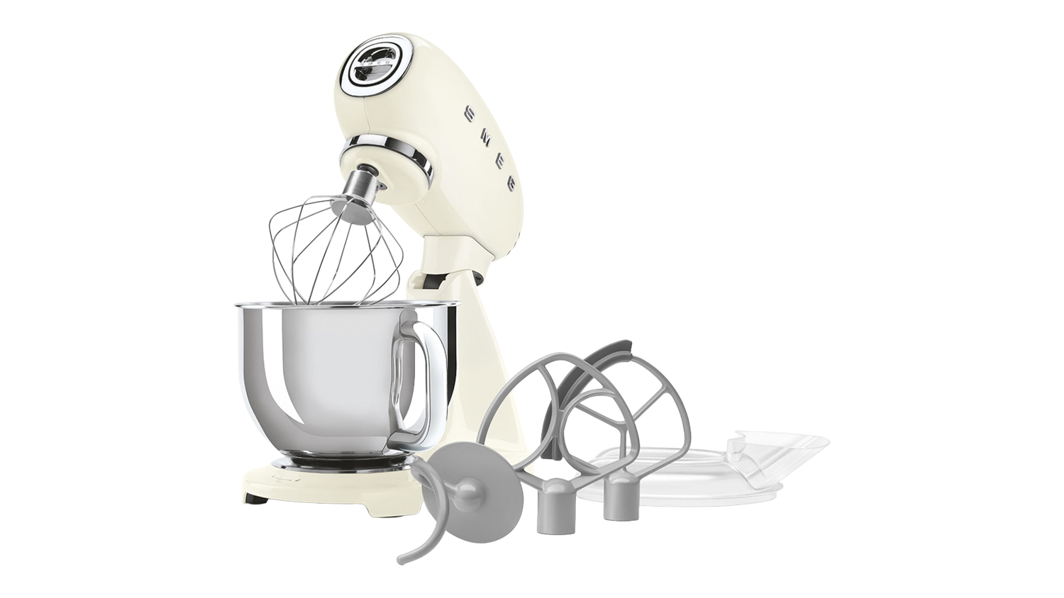 Glossy cream Smeg 50’s Style stand mixer shown, revealing a wire whisk with included attachments