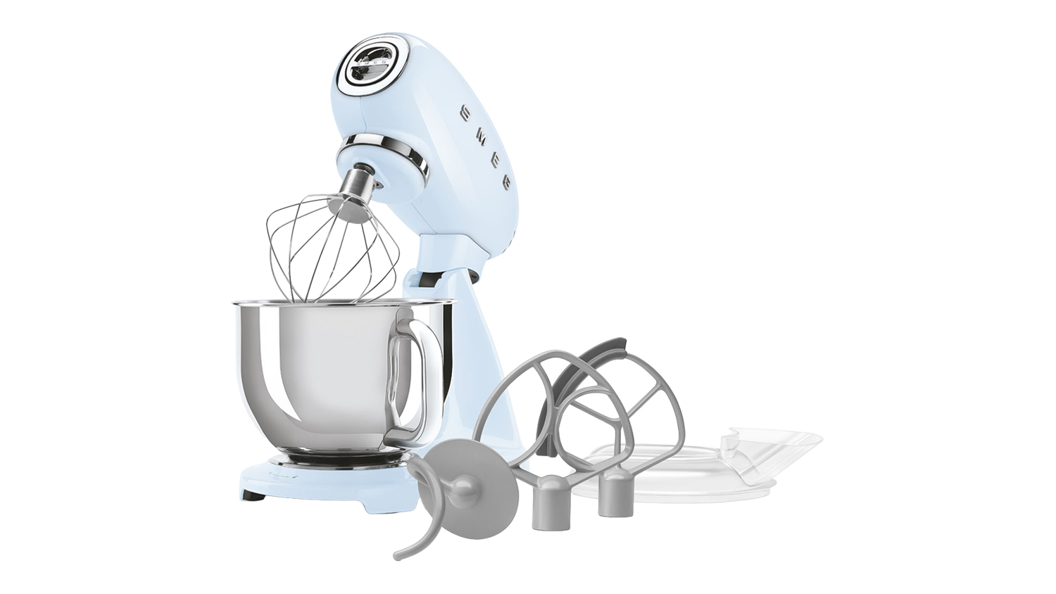 Glossy pastel blue Smeg 50’s Style stand mixer shown, revealing a wire whisk with included attachments