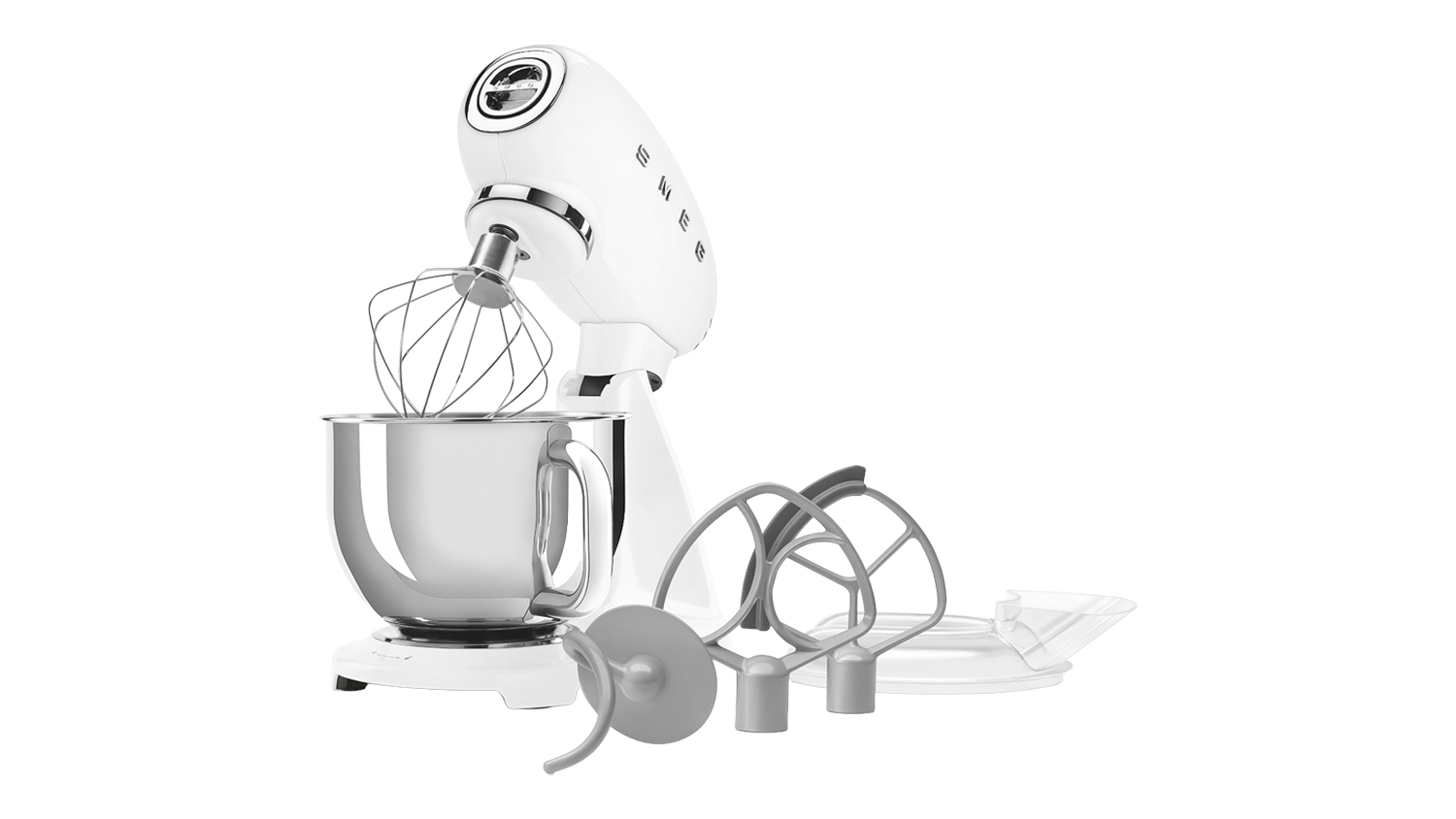 Glossy white Smeg 50’s Style stand mixer shown, revealing a wire whisk with included attachments