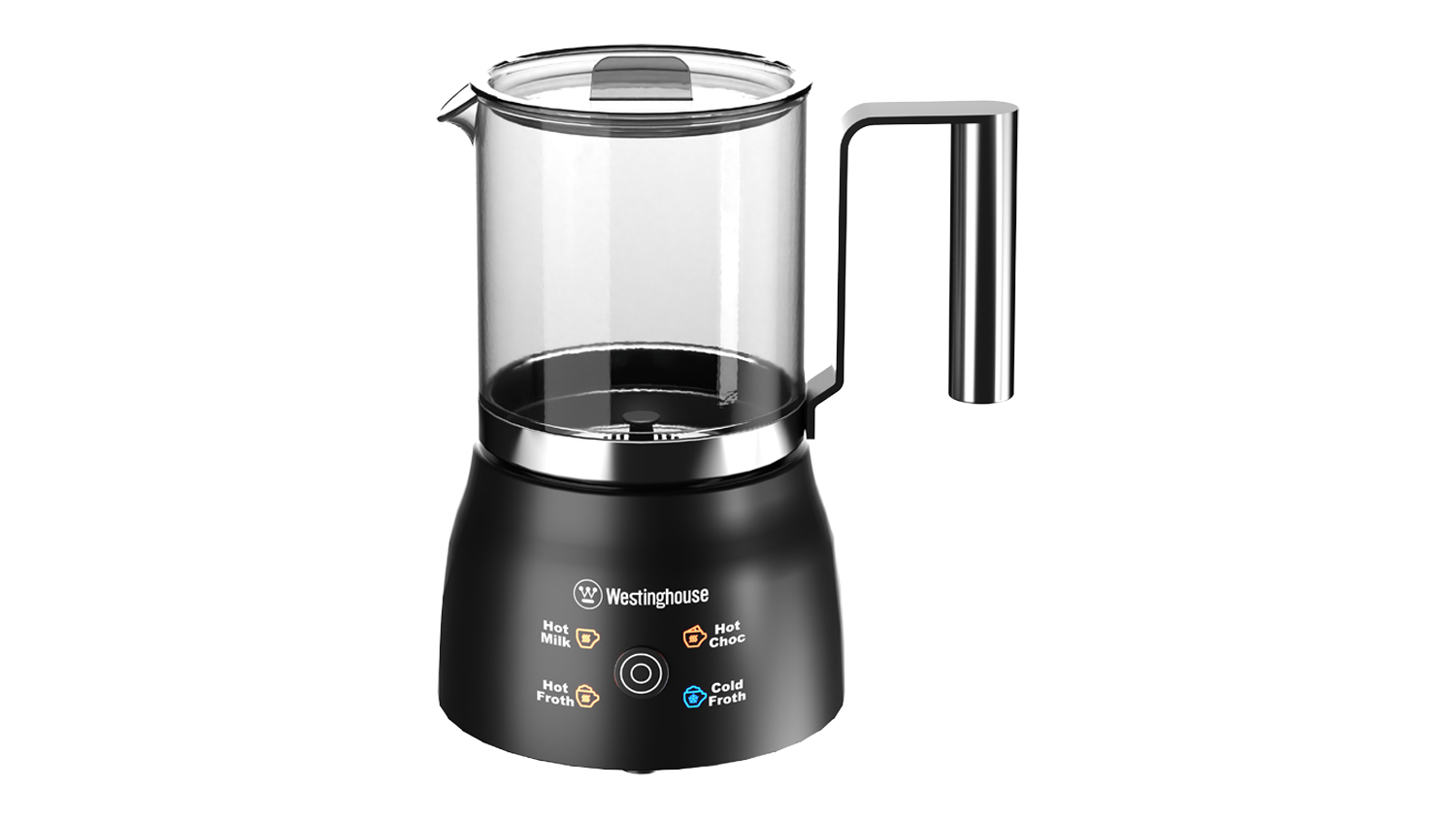 Westinghouse 300ml Automatic Glass Milk Frother in a sleek black and stainless steel colour