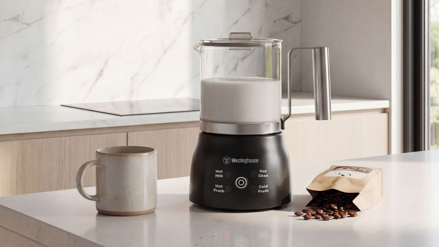 Westinghouse 300ml Automatic Glass Milk Frother - Black/Stainless Steel (WHMF04GL)