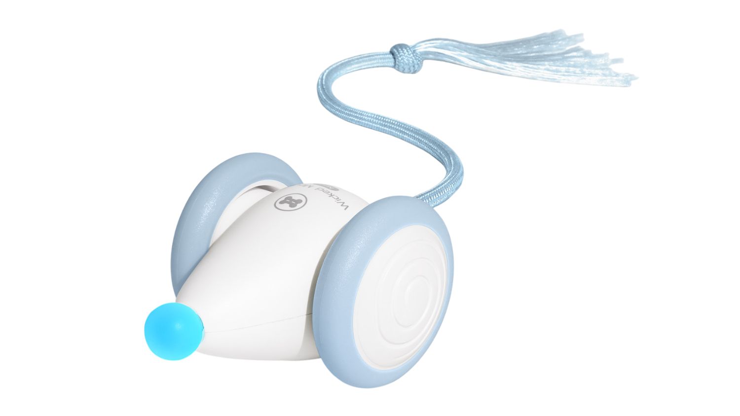 Cheerble Wicked Mouse Neo Smart Pet Toy with two blue wheels and a pull cord
