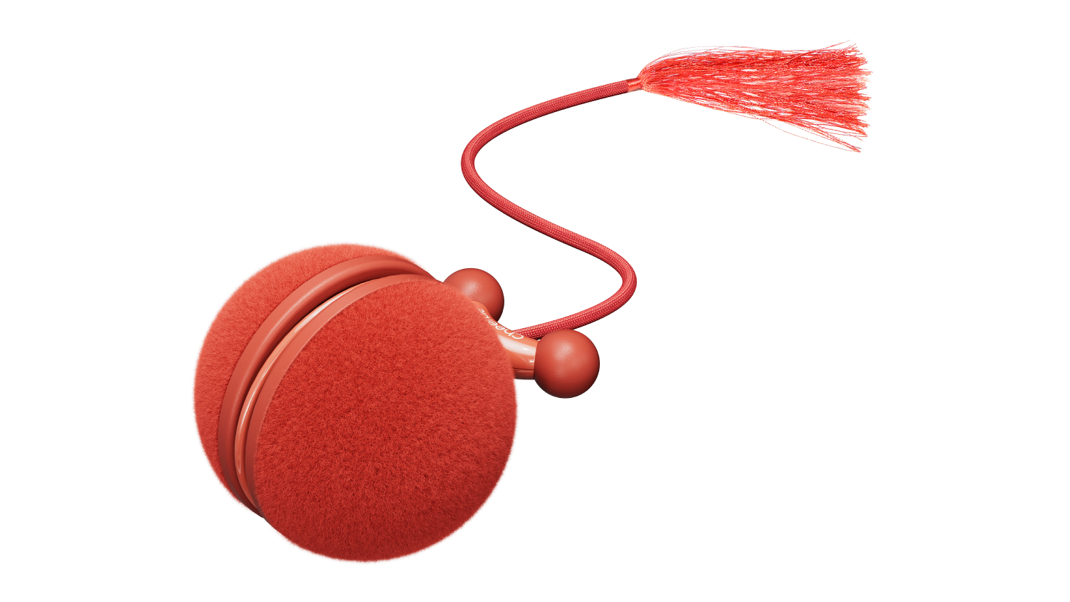 Red, fuzzy Cheerble Wicked Ball cat toy with a cord and tassel