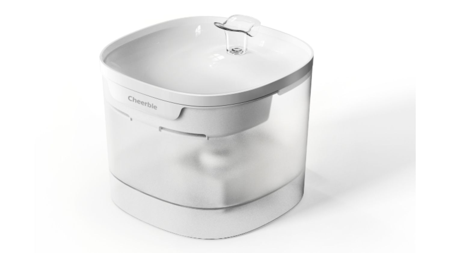 Cheerble E1 Lite cat water fountain with modern white design, transparent tank, and gentle flowing water spout on top
