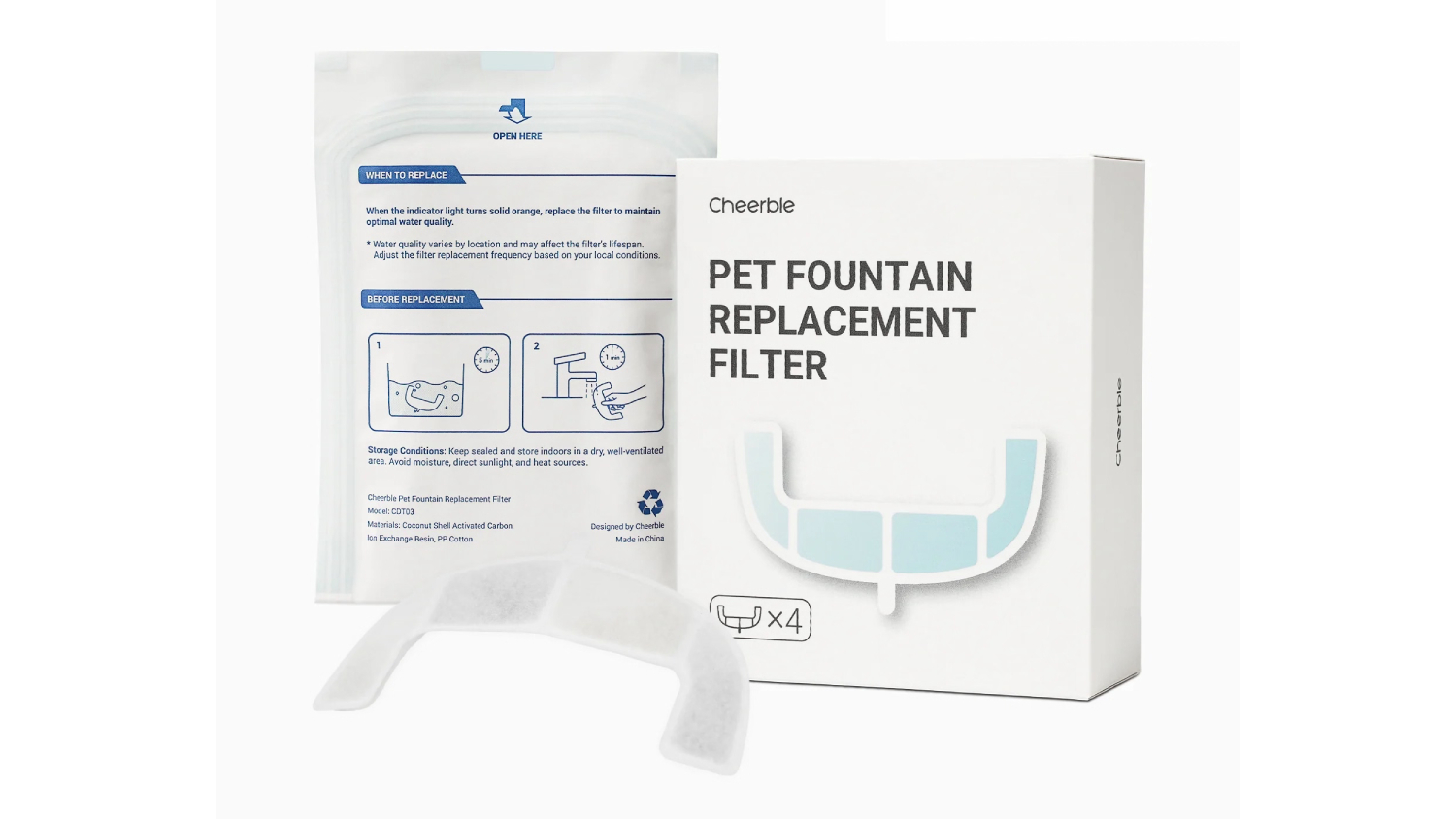 A side-by-side angled view of the Cheerble Pet Fountain Replacement Filters and their packaging