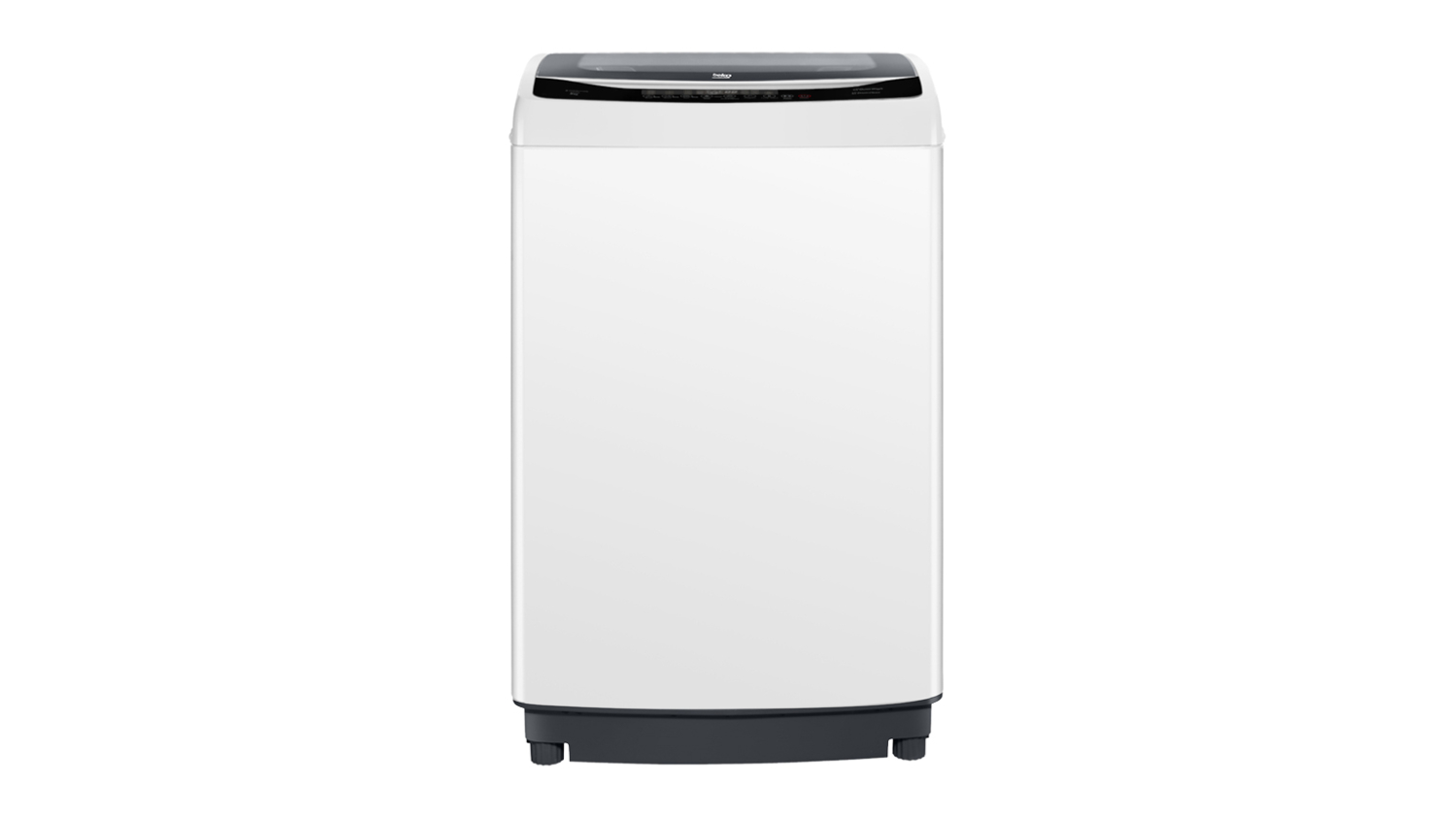 Front view of a white Beko 9kg top-load washing machine with a glass lid and black control panel