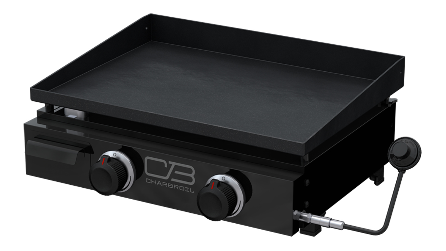 An angled view of the Char-Broil 22" 2-Burner Portable Gas Griddle BBQ