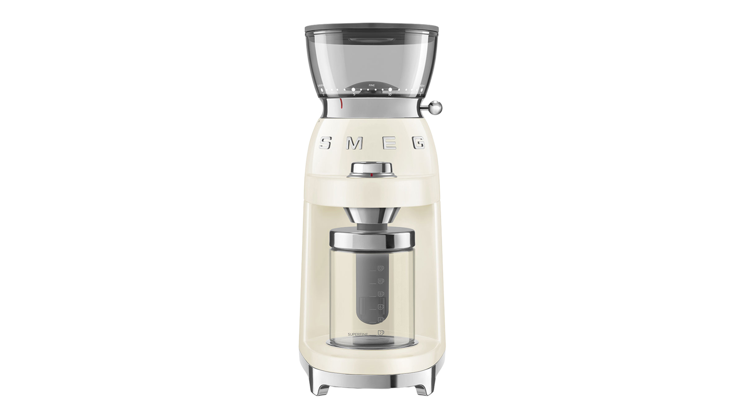 A front view of a black Smeg coffee grinder in glossy cream colour, with a transparent bean hopper and a clear ground coffee container