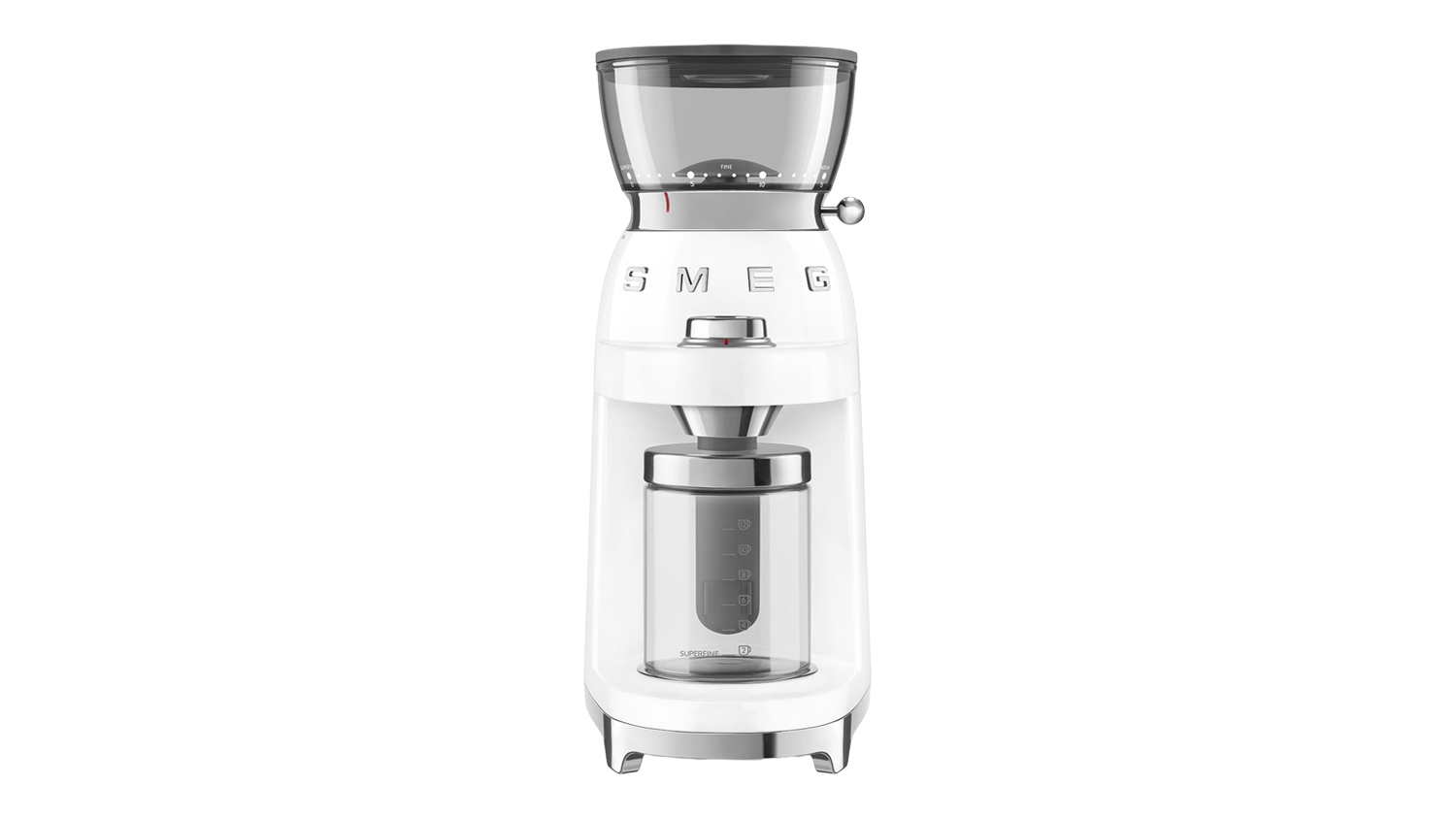A front view of a white Smeg coffee grinder in a glossy white finish, transparent hopper, and a clear container showing grind settings