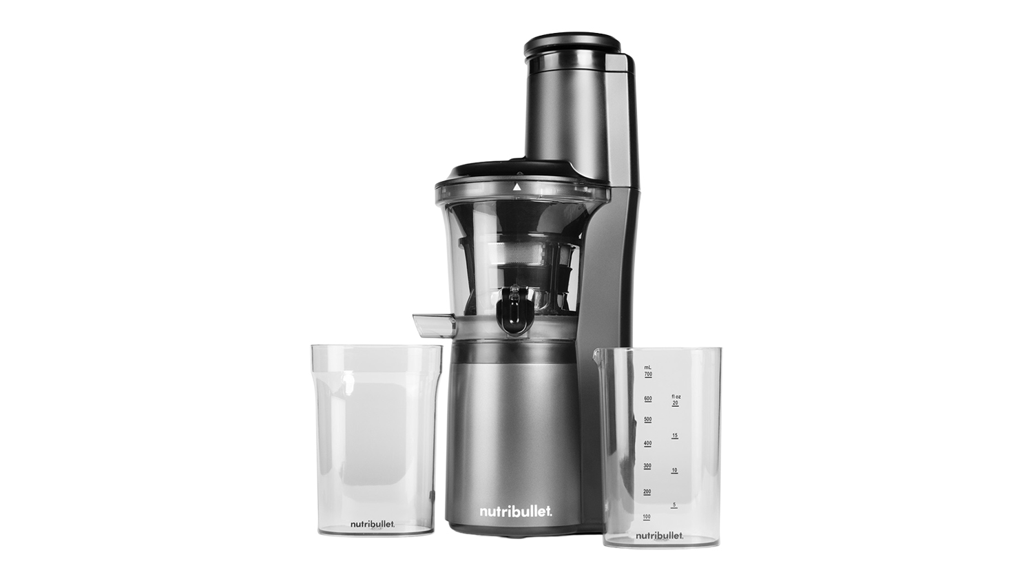 Front view of a NutriBullet 0.7L Slow Juicer with its juice and pulp collection containers