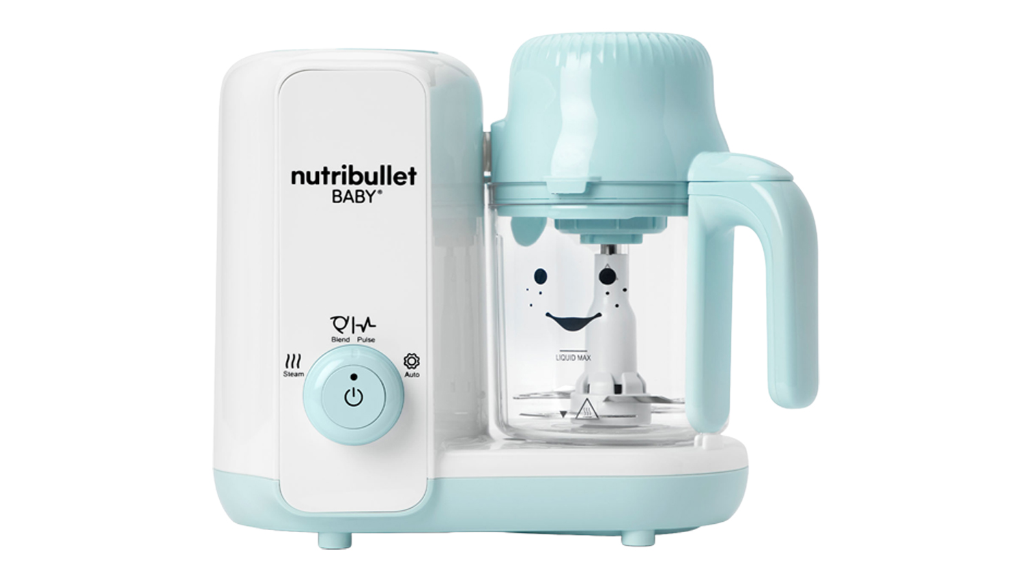 Front view of a NutriBullet Baby Steam & Blend Food Maker in light blue and white finish