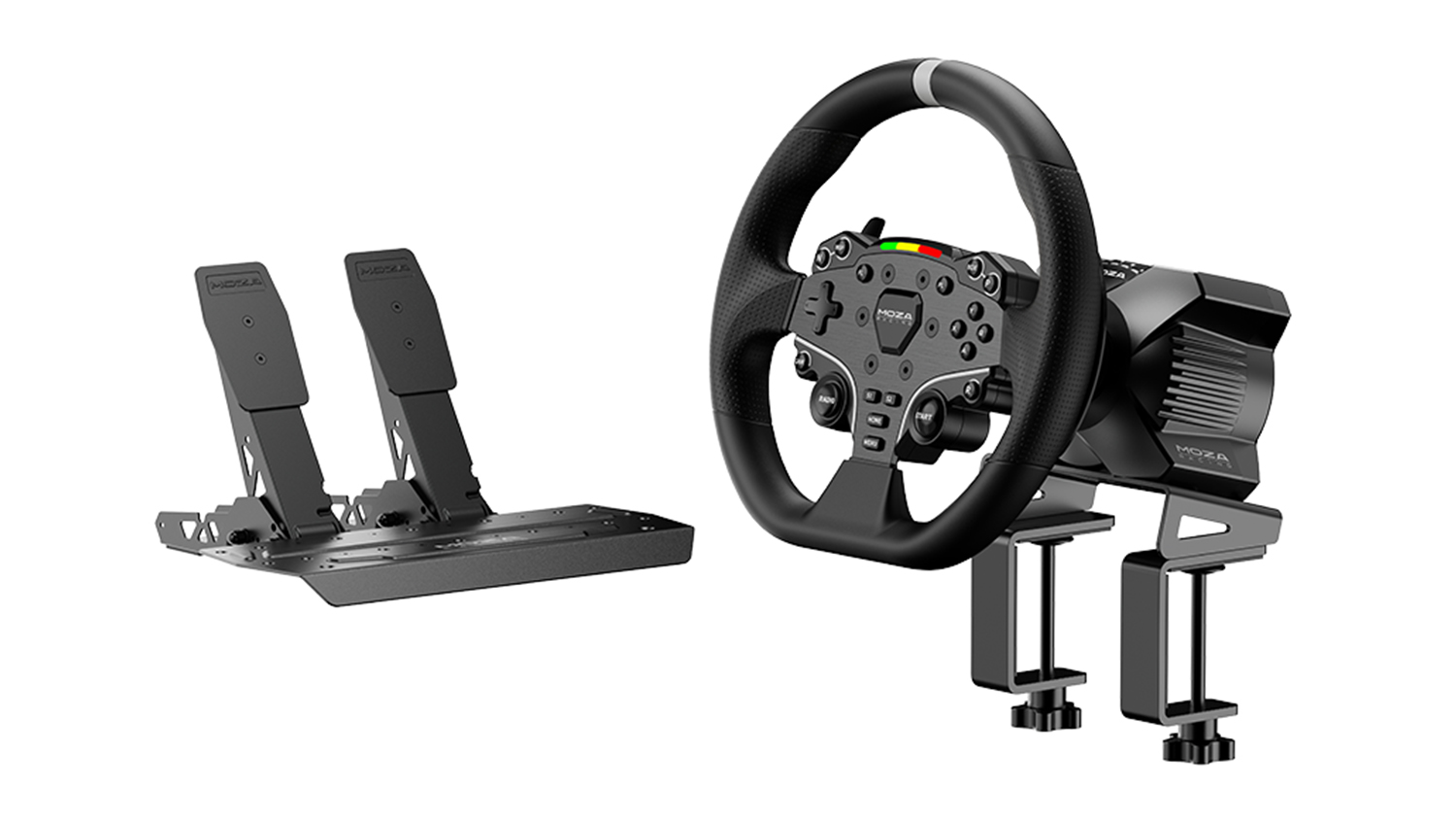 A grey Moza R3 Racing Wheel & Pedals for PC