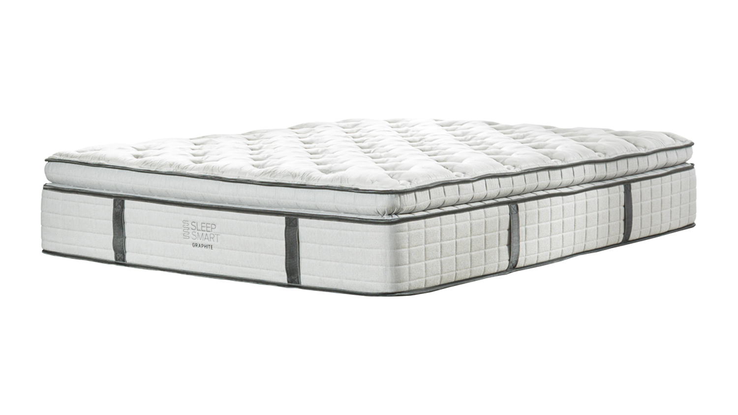 Studio shot of the Sleep Smart Graphite Medium mattress, showing its profile and top quilting