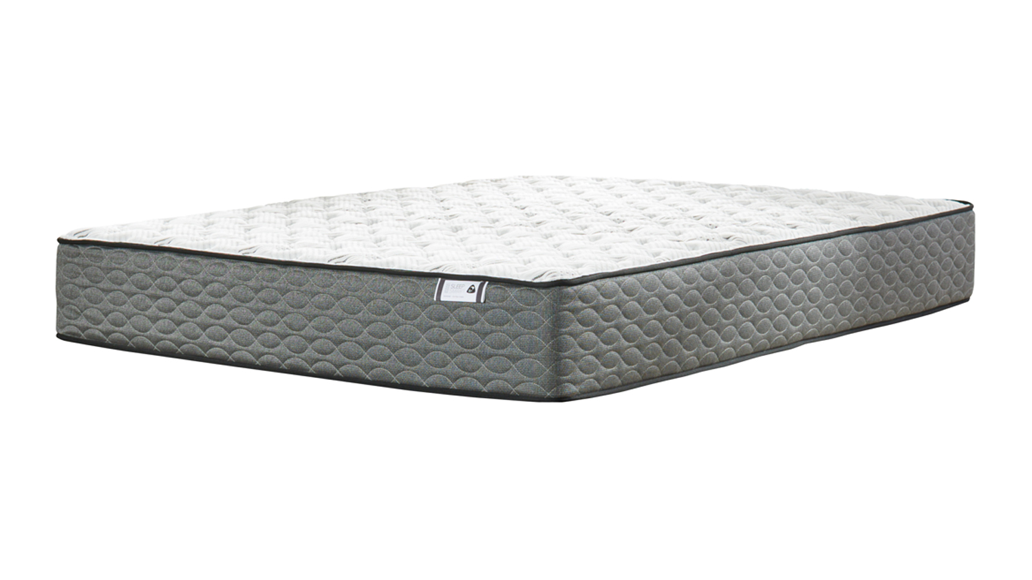 A mattress with a white, patterned quilted top and grey, wave-textured side panels on a solid surface