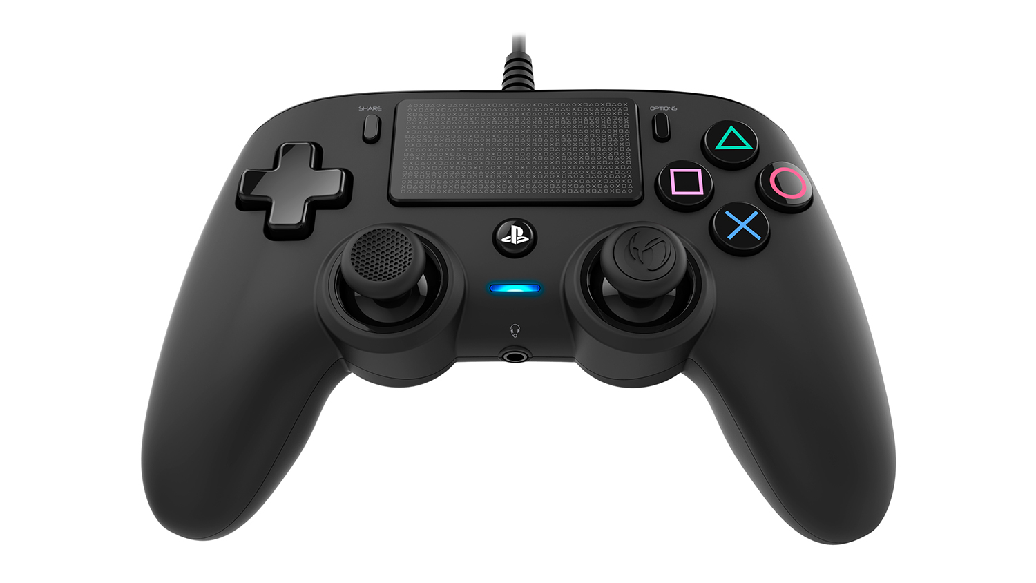 Front view of the black Nacon Compact Wired Controller for PlayStation 4