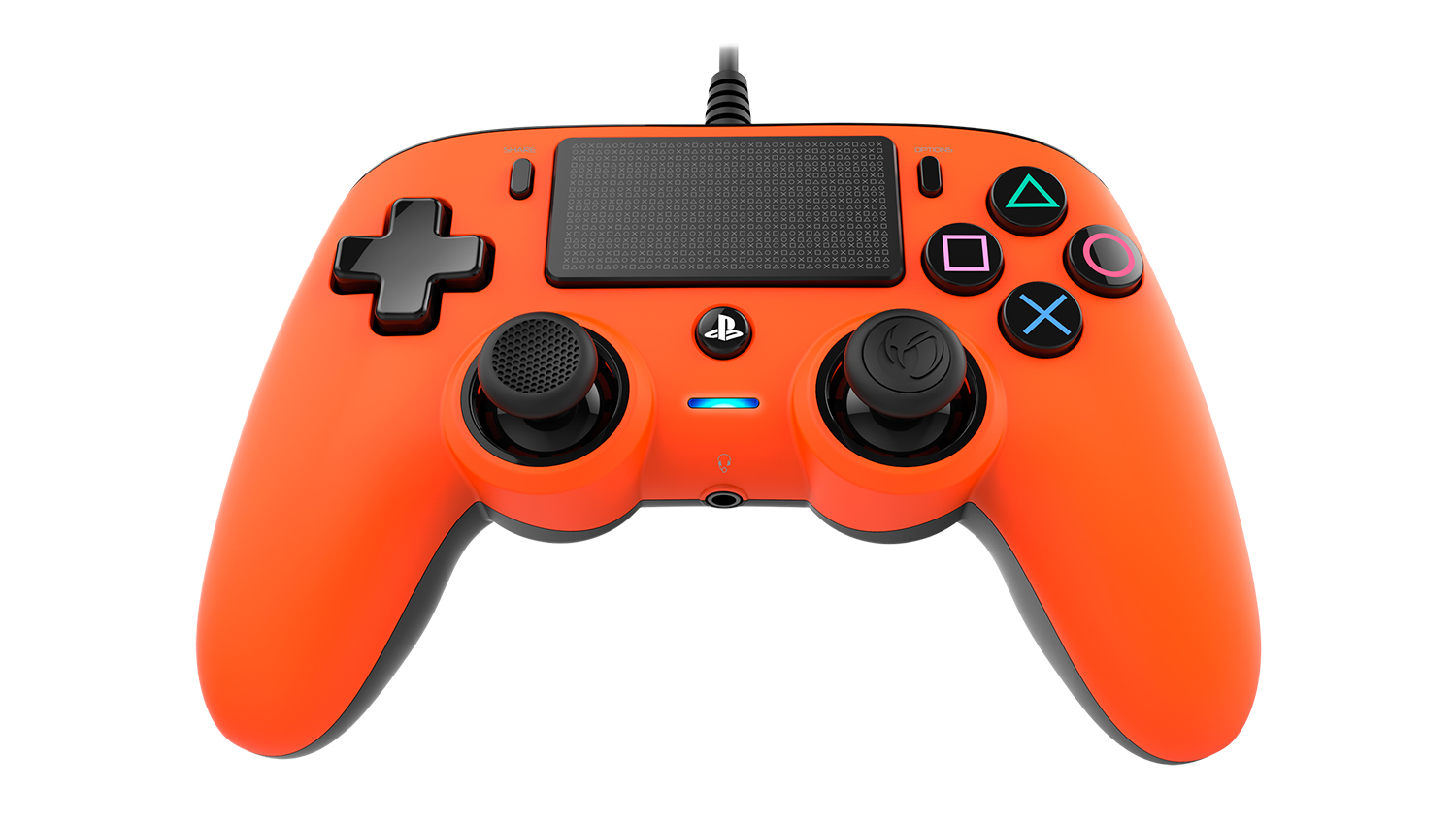 Front view of the orange Nacon Compact Wired Controller for PlayStation 4