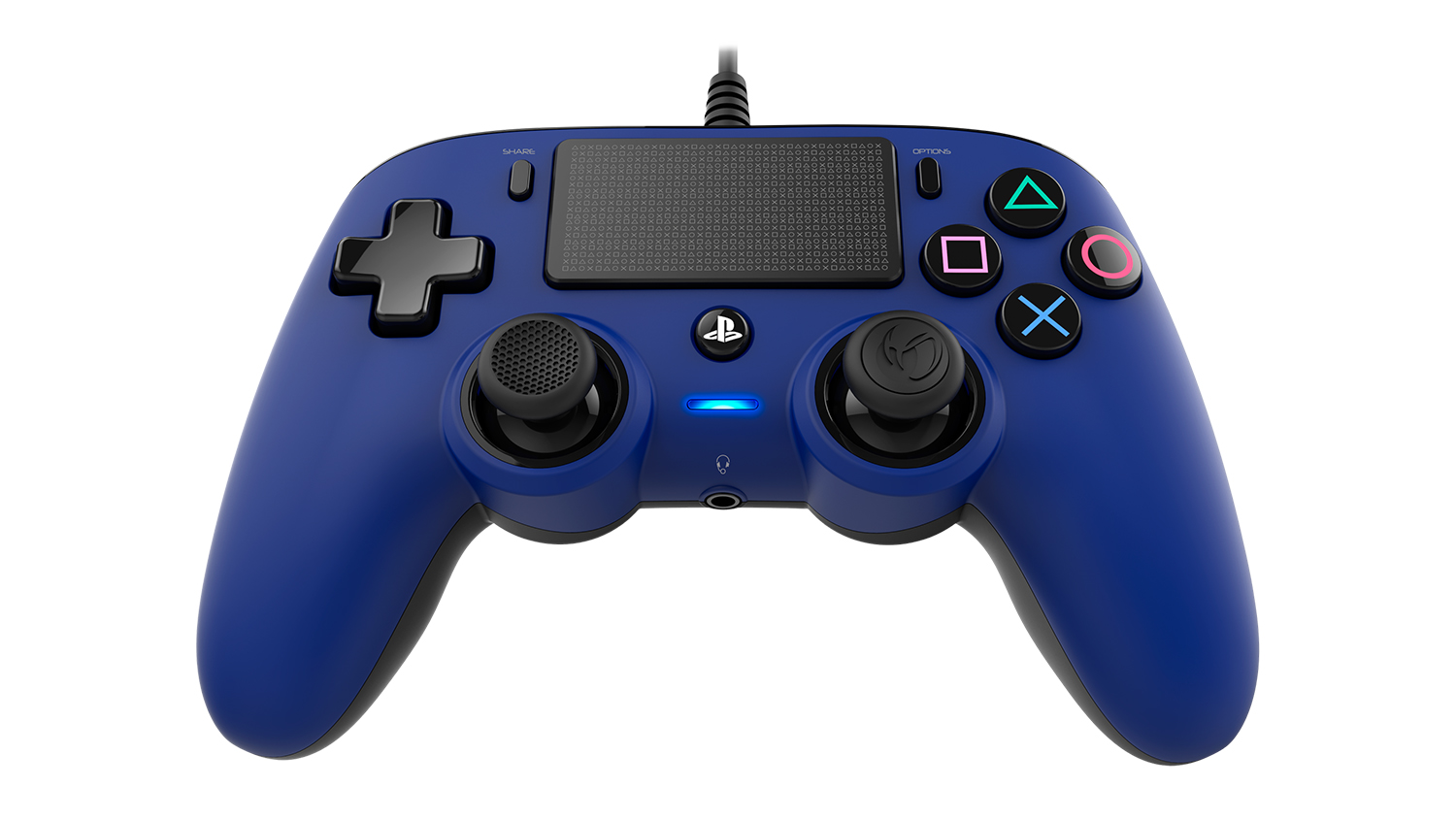 Front view of the blue Nacon Compact Wired Controller for PlayStation 4