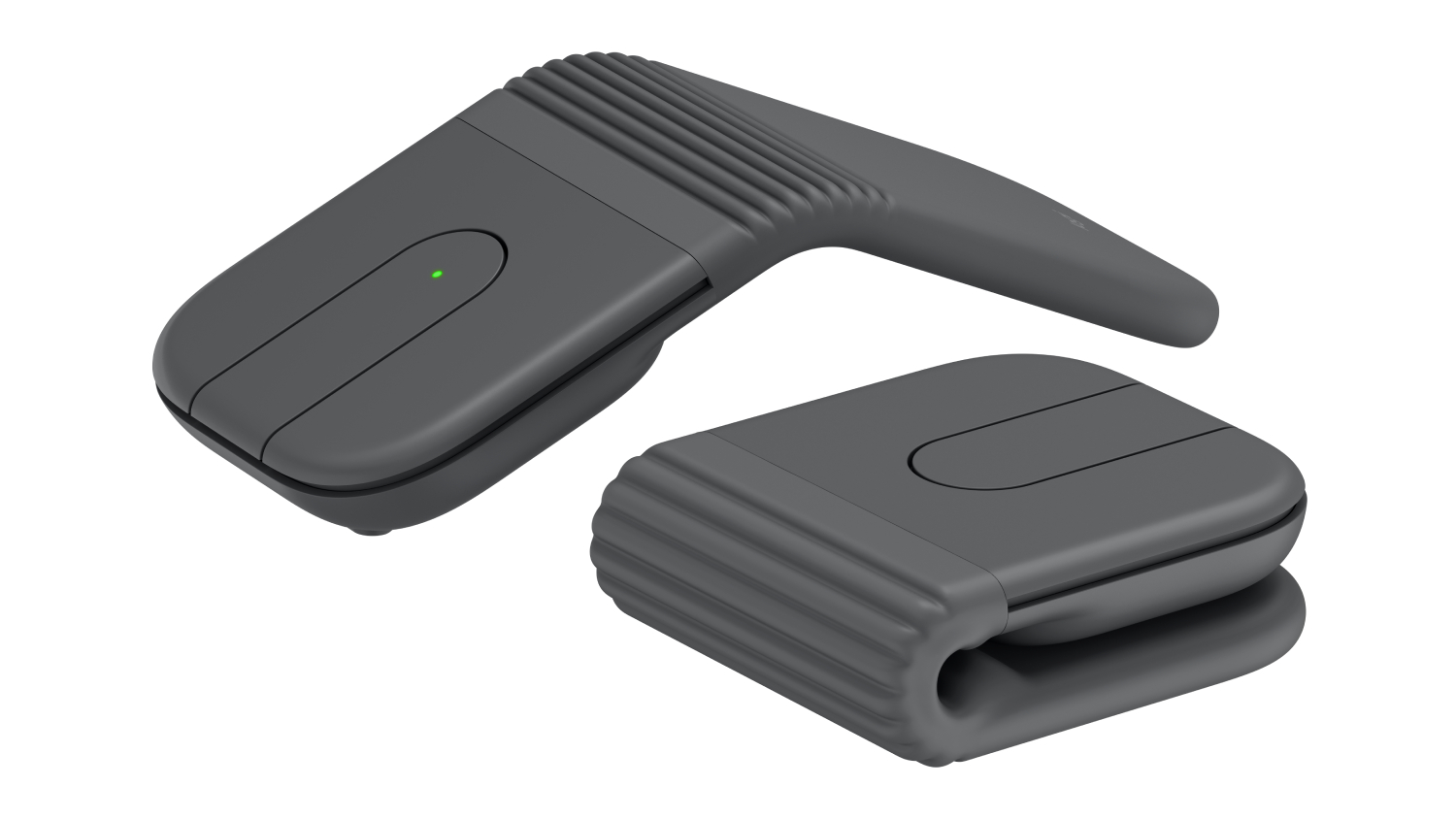 A view of two Logitech Mobi Fold Wireless Mice, one is folded while the other is wide open