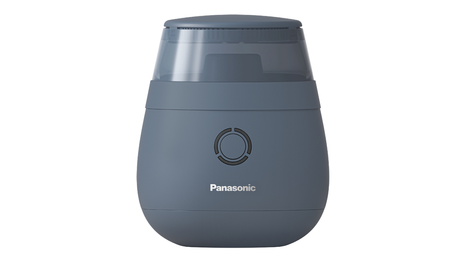 Front view of a sleek, navy Panasonic Portable Lint Remover with a circular power button