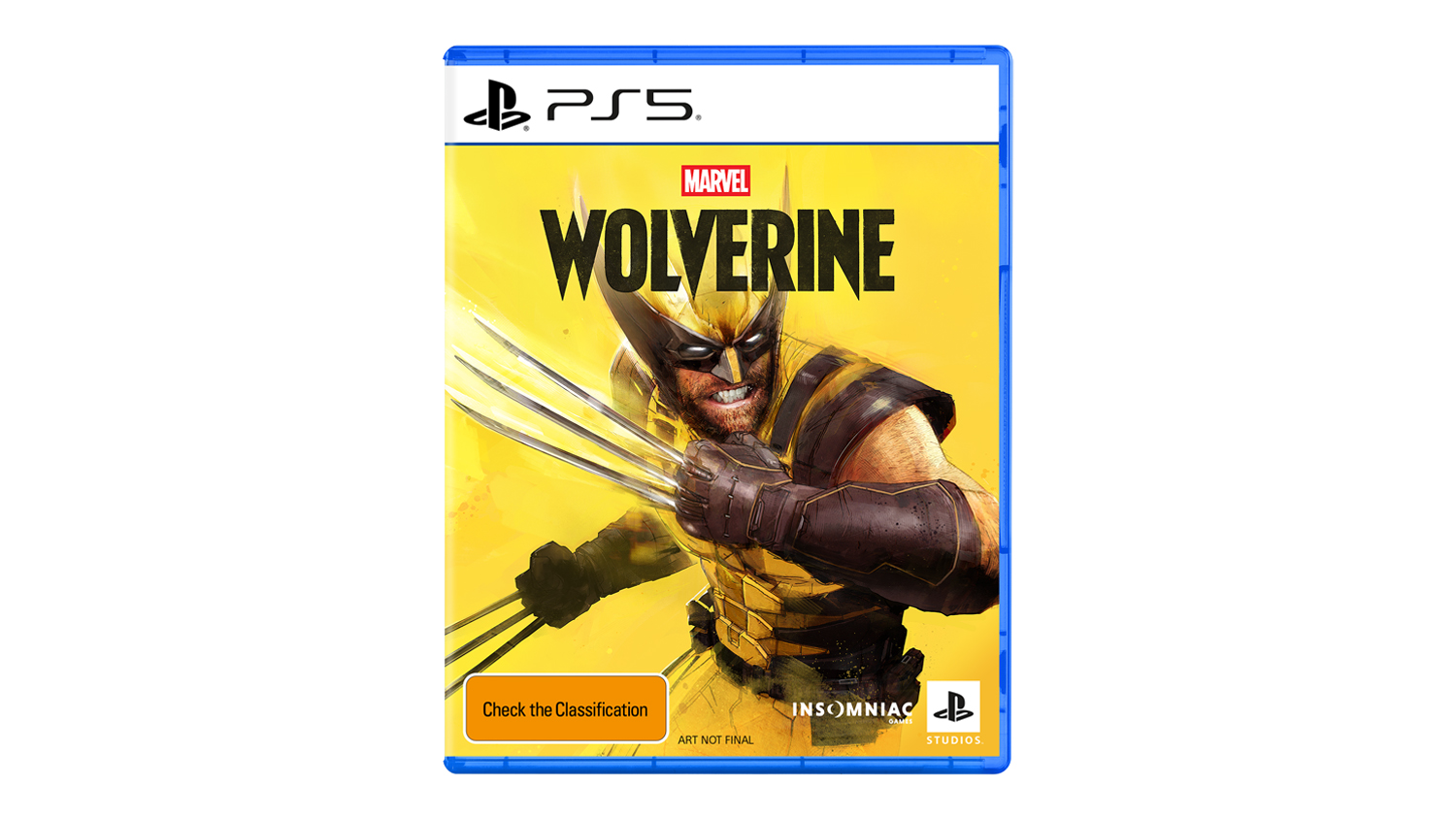 Wolverine in a yellow suit on the PS5 cover, claws extended, fierce expression with the Marvel logo