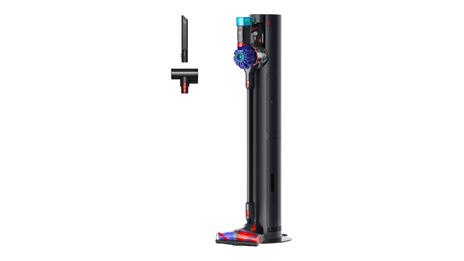 Dyson V10 cordless vacuum mounted on a docking station, shown upright with a small wall tool attachment included
