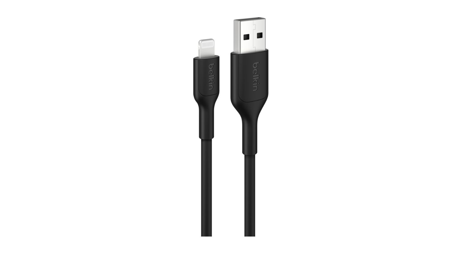 Black Belkin Lightning to USB‑A cable close‑up showing connectors with embossed logo, sleek matte finish and durable design
