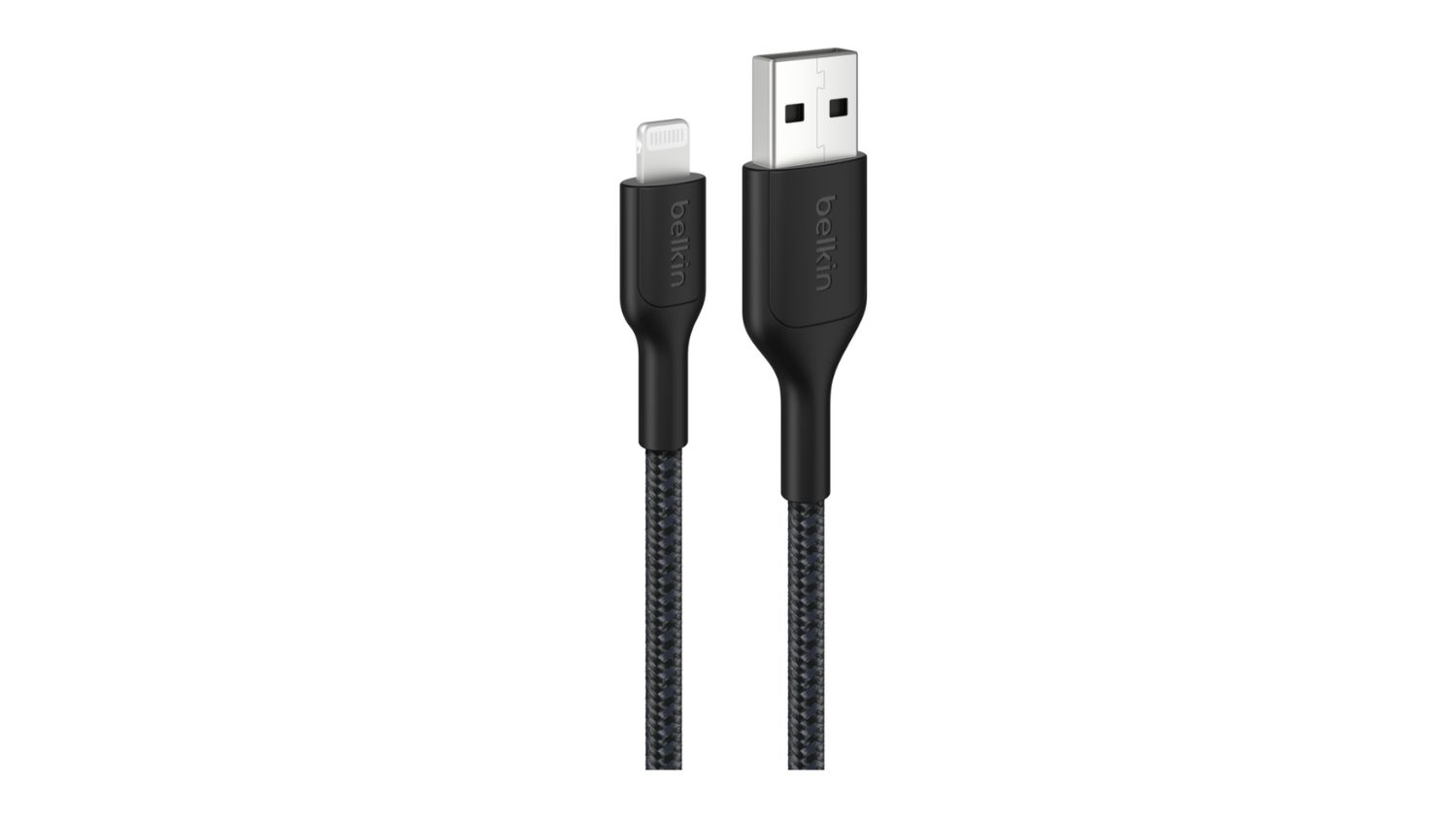 A close-up view of a black Belkin USB-A to Lightning cable showcasing both connector heads
