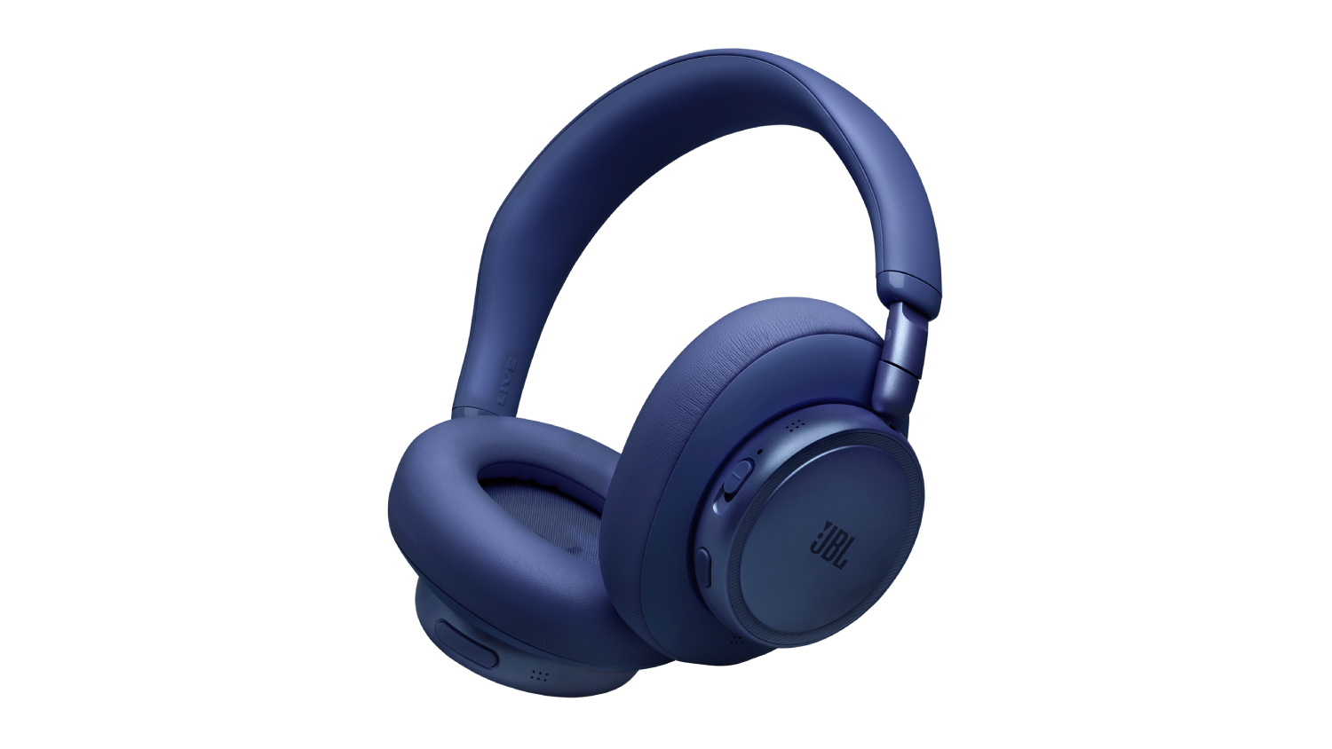 Angled view of navy blue JBL over-ear wireless headphones, showing cushioned ear cups and control buttons