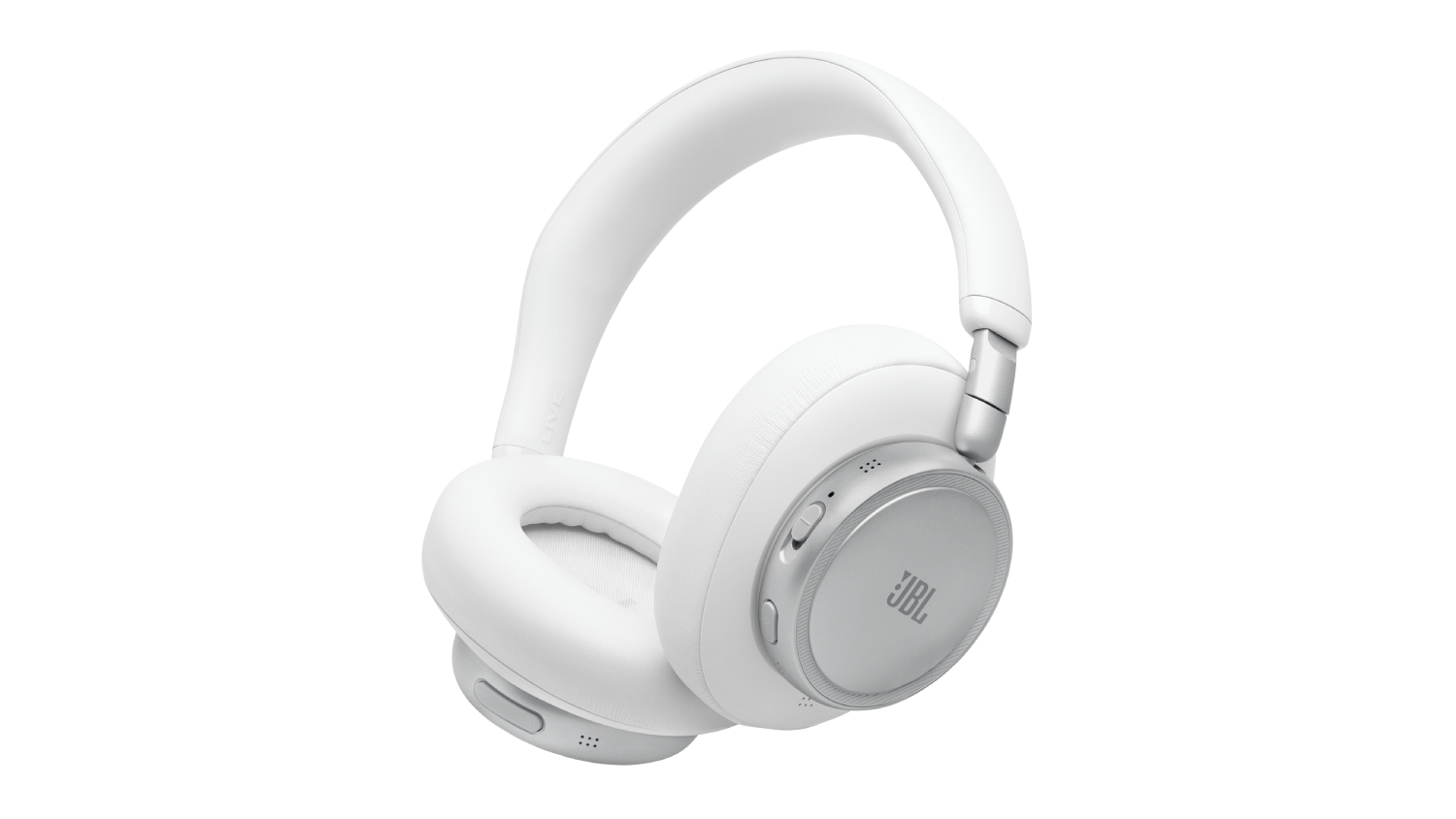 White JBL over-ear wireless headphones angled on a light background, showing earcup controls and a padded headband