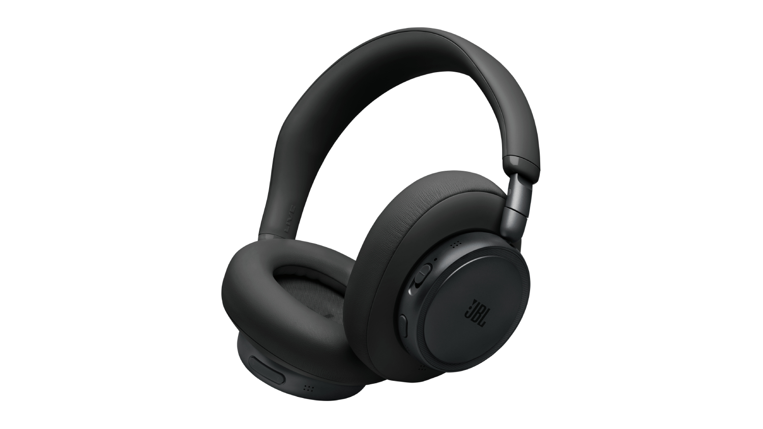 Black JBL over-ear wireless headphones, angled view showing the ear cups, headband, and control buttons