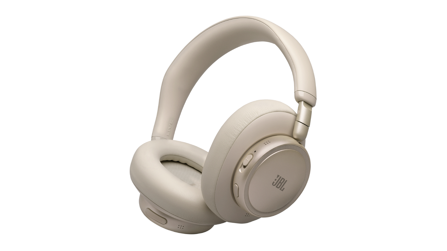 Beige JBL over-ear headphones shown at an angle, with padded ear cups and control buttons visible